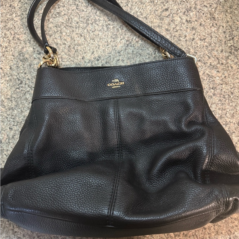 Coach Dark Leather Shoulder Bag with Gold Accents